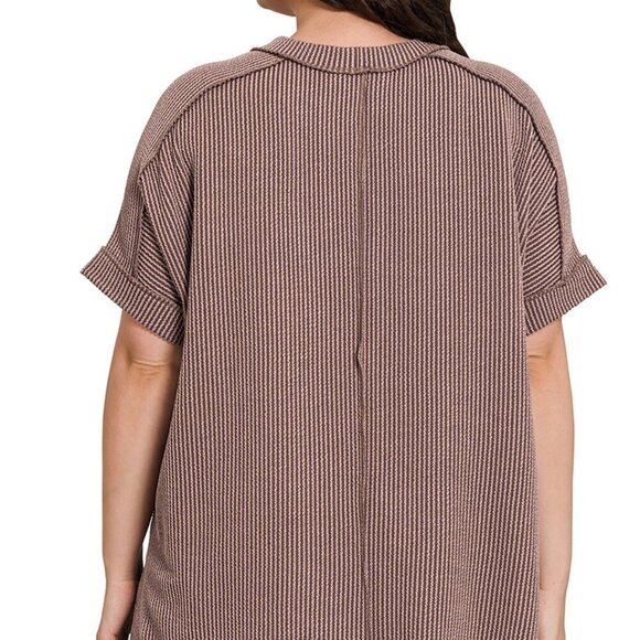 Zenana Plus Corded Rib Cuff Sleeve Raw Edge Top Charcoal - Picture 2 of 5